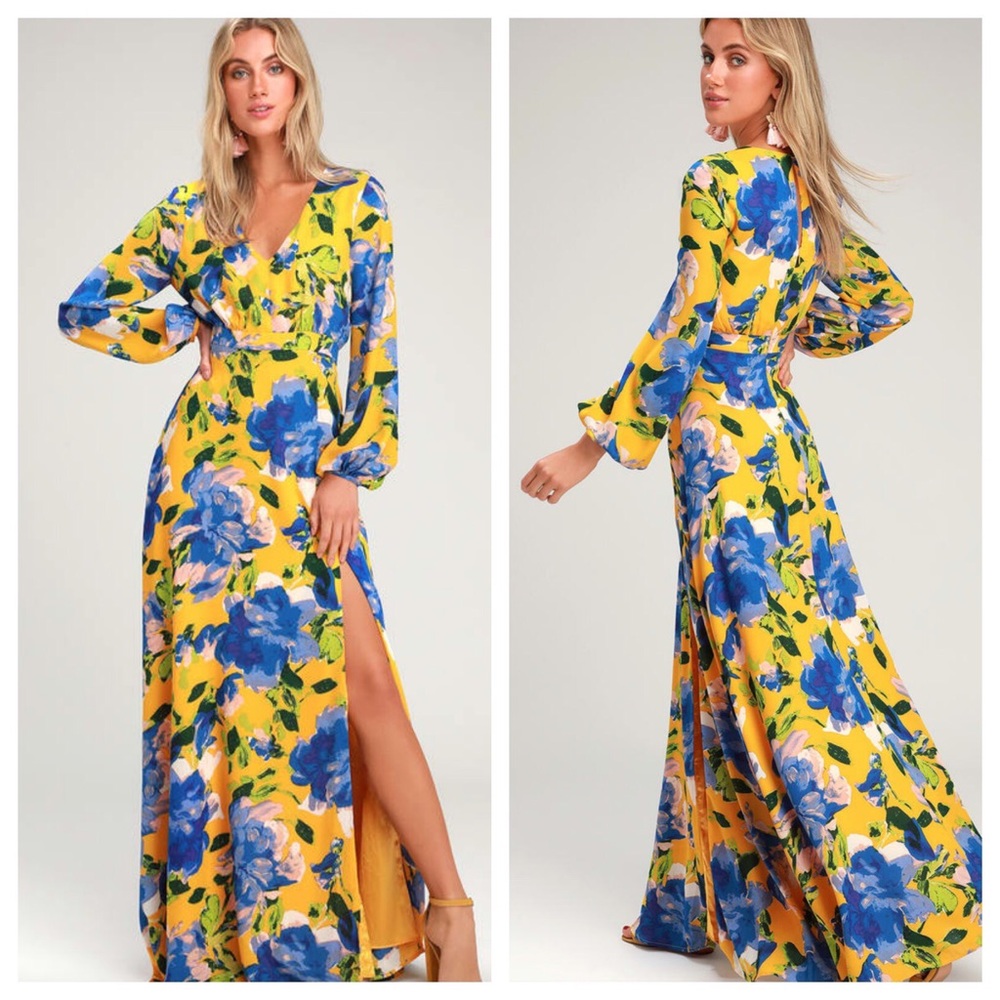 Lulu's Yellow Maxi Dress with Blue Floral Print